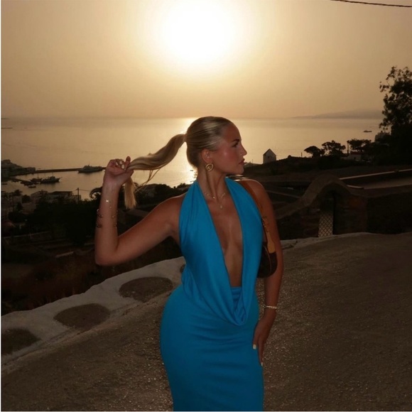 Zara Long Draped Halter Dress Cowl Neckline Electric Blue 8342/364 014/287 - Picture 8 of 10